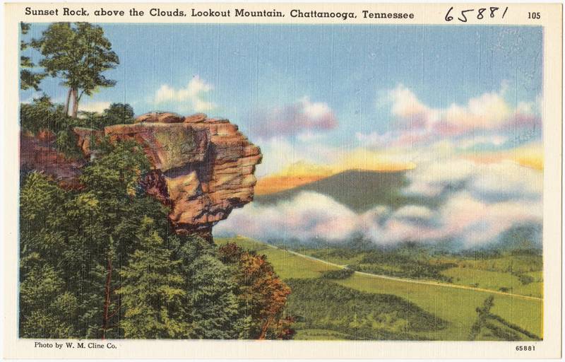 Sunset Rock above the clouds, a 1930s linen postcard